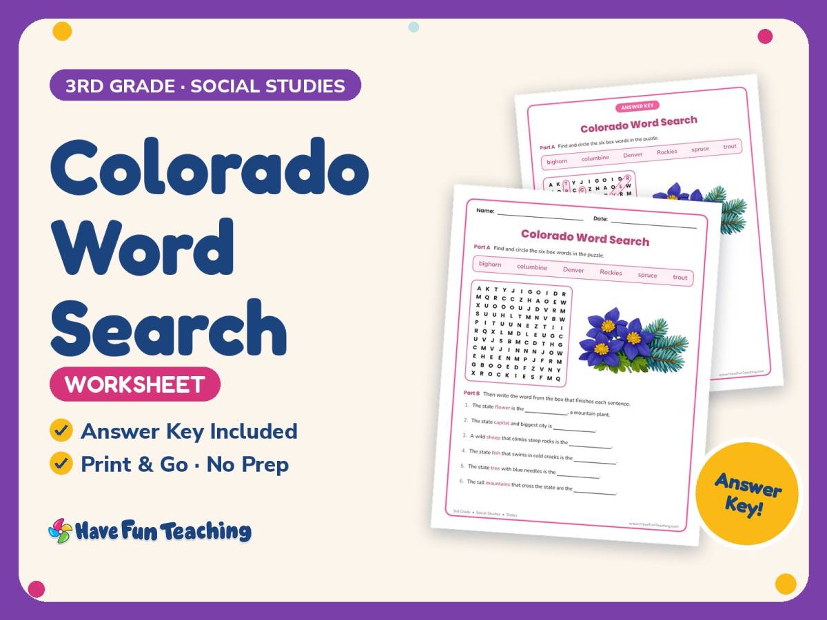 Colorado Word Search Worksheet – 3rd Grade States Practice preview