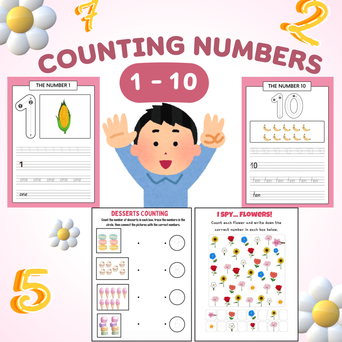 An educational teaching resource from Cutie worksheets986 entitled Colorful Counting Numbers Worksheets | K-1st Grade Math downloadable at Teach Simple.