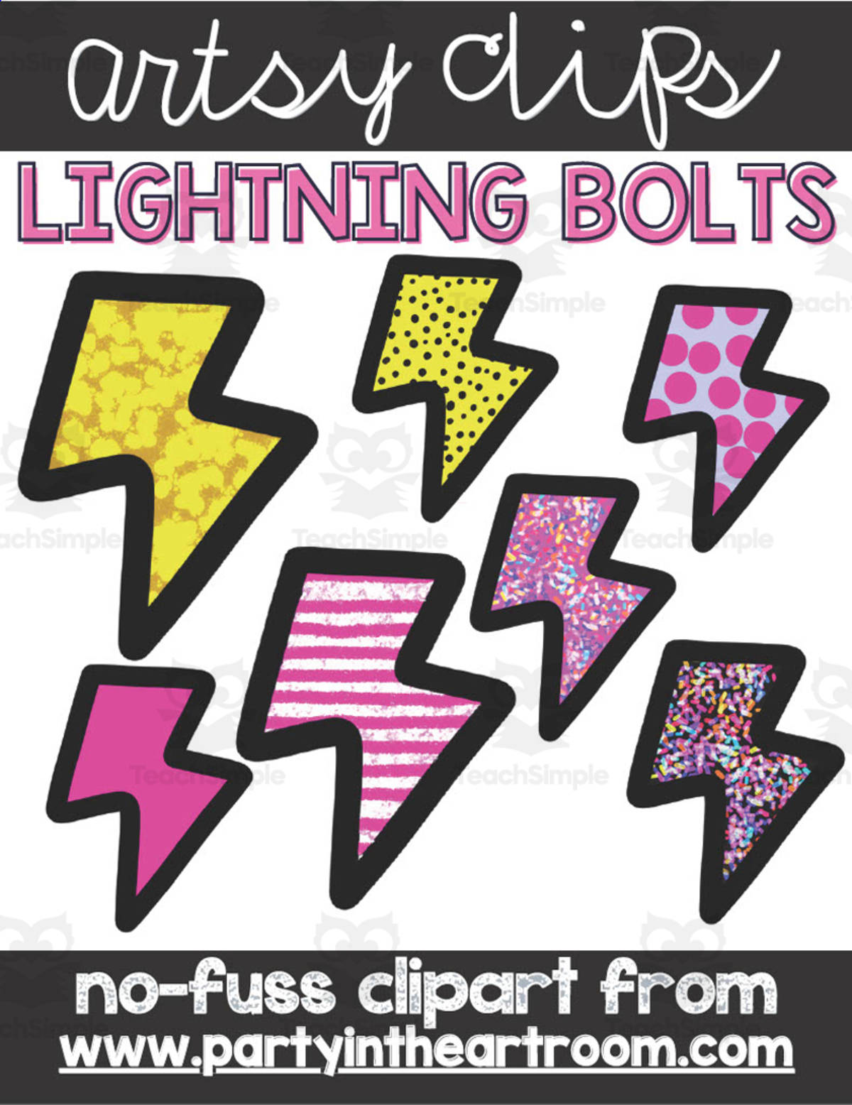 An educational teaching resource from Party in the Art Room - Arts & Crafts for Kids | Arts Integration entitled Colorful Lightning Bolts Clipart downloadable at Teach Simple.