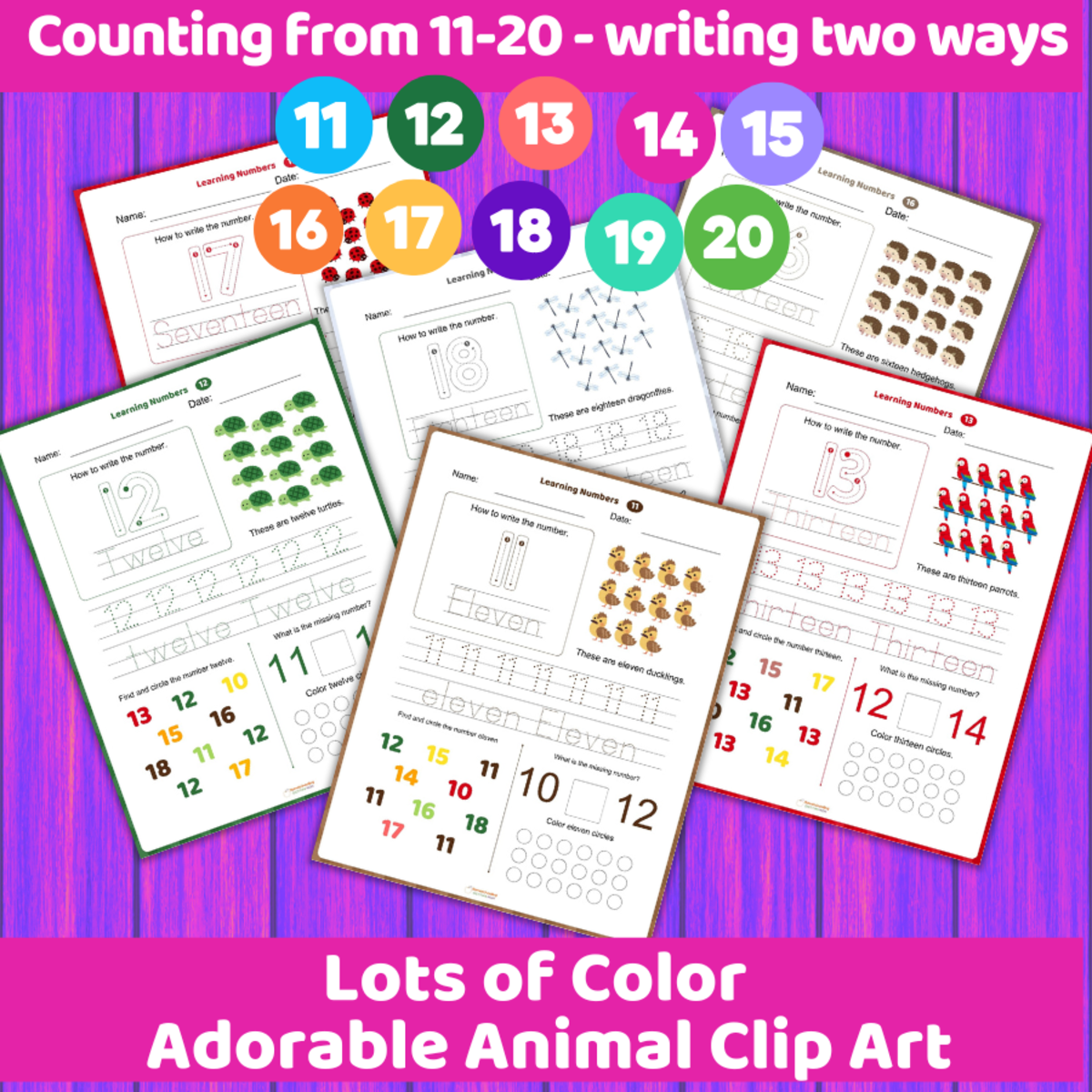 An educational teaching resource from Homeschooling Dietitian Mom entitled Colorful Math Worksheets - Counting 11-20 downloadable at Teach Simple.