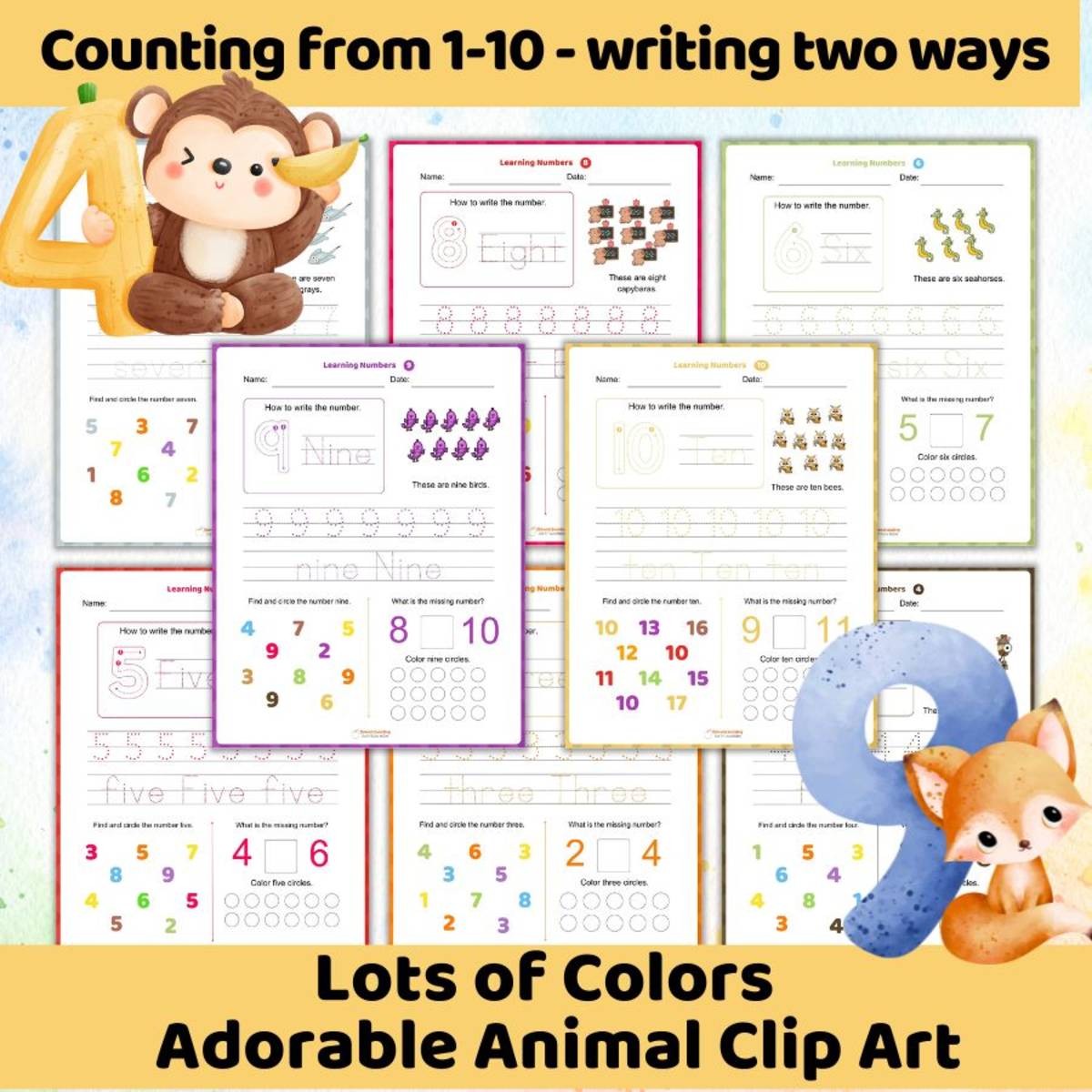 An educational teaching resource from Homeschooling Dietitian Mom entitled Colorful Math Worksheets for Pre-K and Kindergarten - Counting to 10 downloadable at Teach Simple.