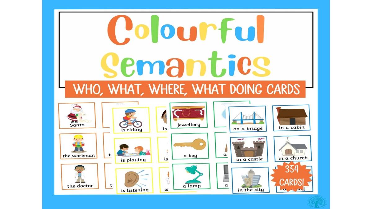 An educational teaching resource from SEN Resource Source entitled Colorful Semantics Who, What, Where, What Doing Cards downloadable at Teach Simple.
