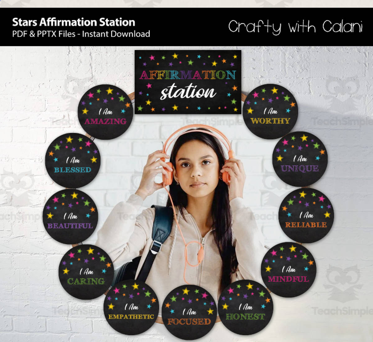 An educational teaching resource from Crafty with Calani entitled Colorful Stars Classroom Positive Affirmation Station Kit downloadable at Teach Simple.