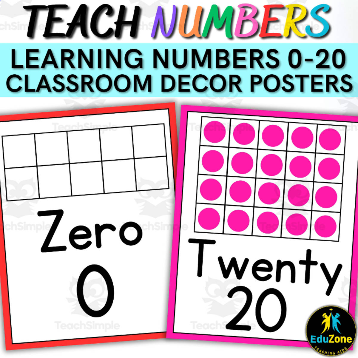 An educational teaching resource from Style Your Classroom entitled Colorful Ten Frame Number Posters for 0-20 Counting Practice - Numbers downloadable at Teach Simple.