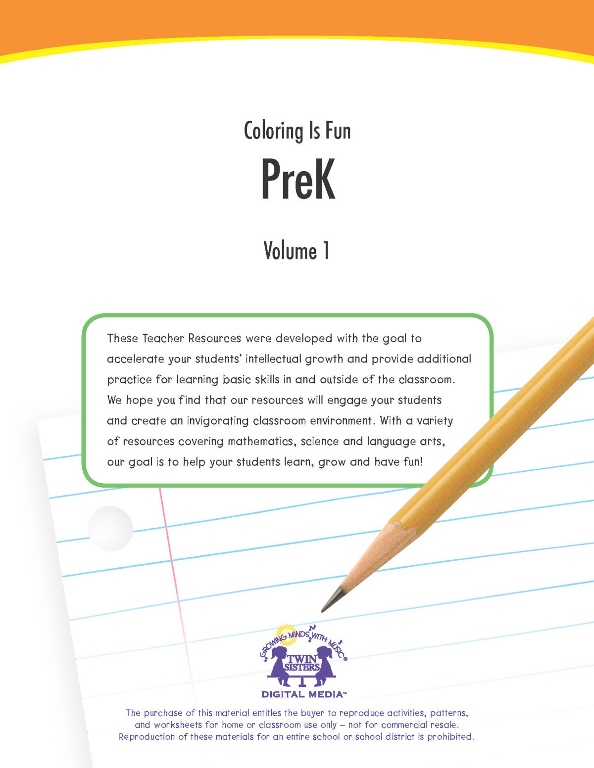 An educational teaching resource from Twin Sisters Digital Media entitled Coloring Is Fun: PreK Volume 1 Activity Book downloadable at Teach Simple.