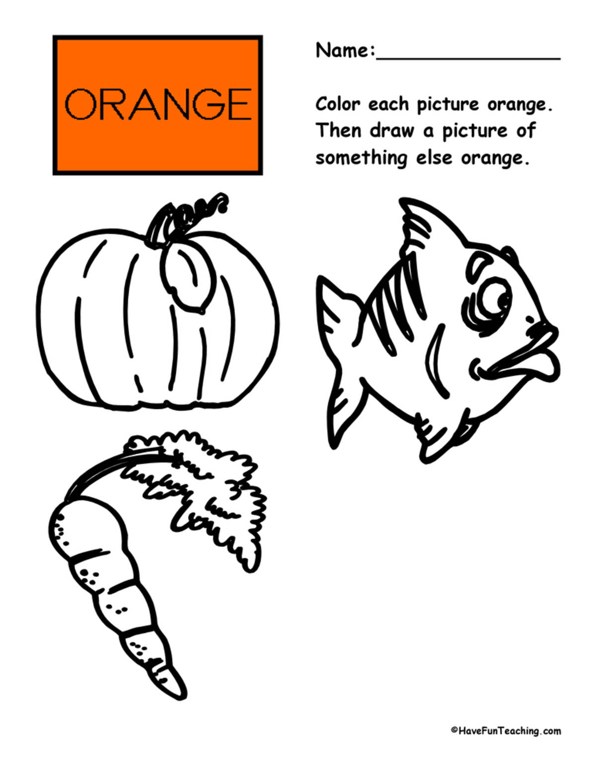 An educational teaching resource from Have Fun Teaching entitled Coloring Orange Pictures Worksheet downloadable at Teach Simple.