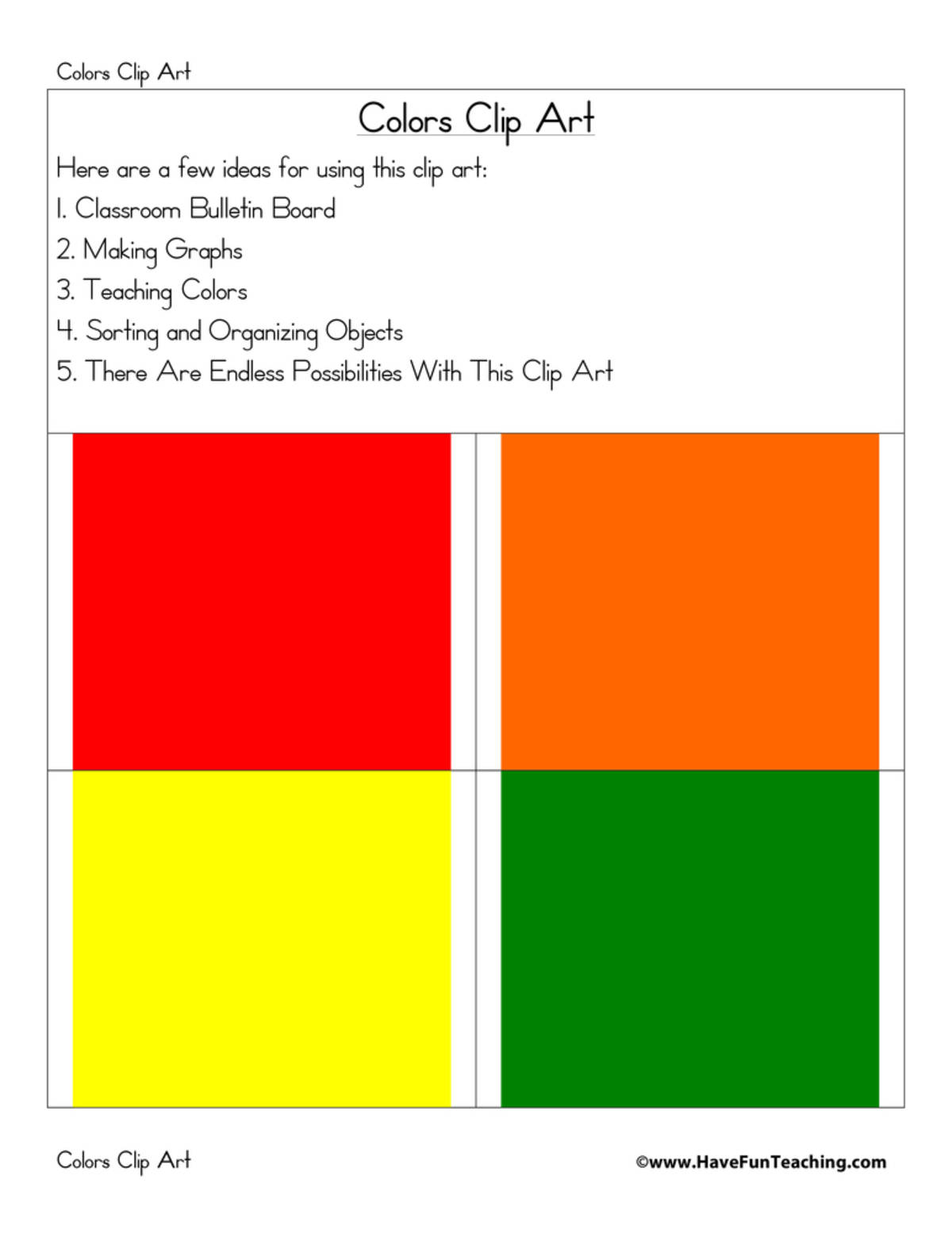 An educational teaching resource from Have Fun Teaching entitled Colors Clip Art downloadable at Teach Simple.