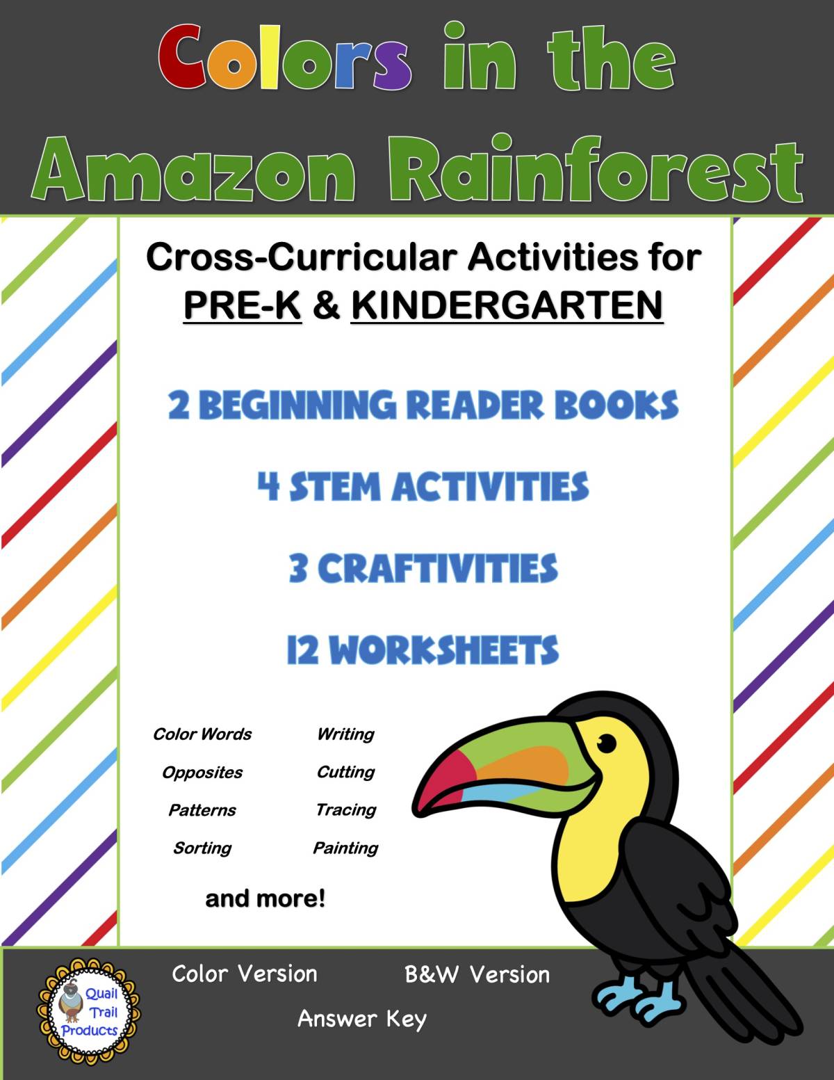 An educational teaching resource from Quail Trail Products entitled COLORS IN THE AMAZON RAINFOREST BOOK AND ACTIVITIES downloadable at Teach Simple.