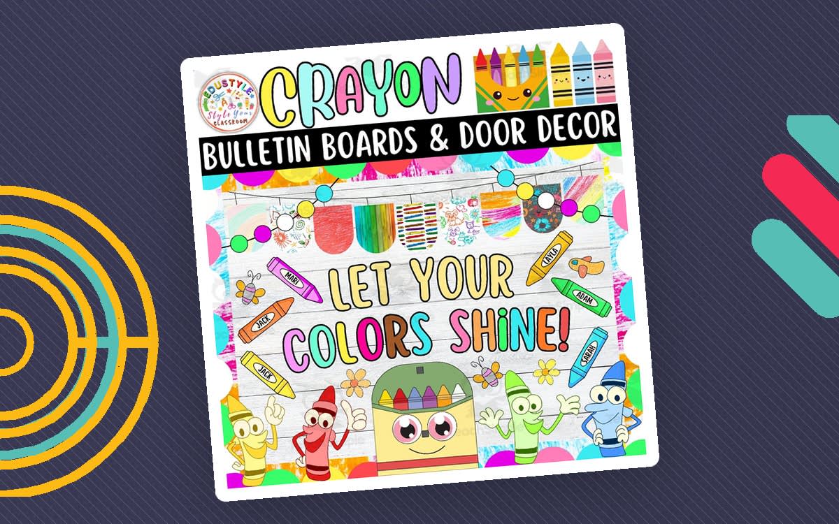 An educational teaching resource from Style Your Classroom entitled Colors Shine: Crayon & Back To School Bulletin board or door Decor kit downloadable at Teach Simple.