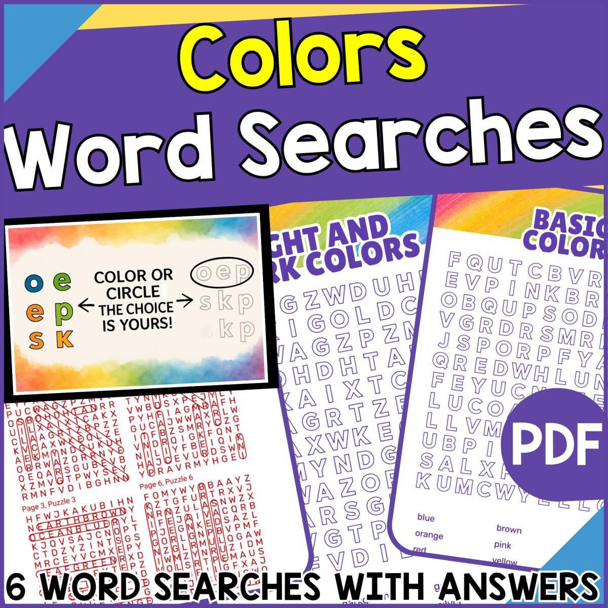 An educational teaching resource from Cored Education entitled Colors Word Searches (PDF) downloadable at Teach Simple.