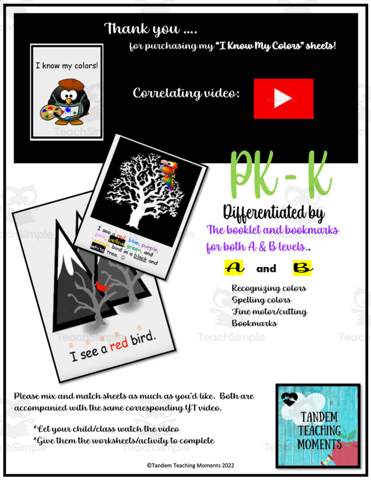 An educational teaching resource from Tandem Teaching Moments entitled "Colors" Worksheet Packet downloadable at Teach Simple.