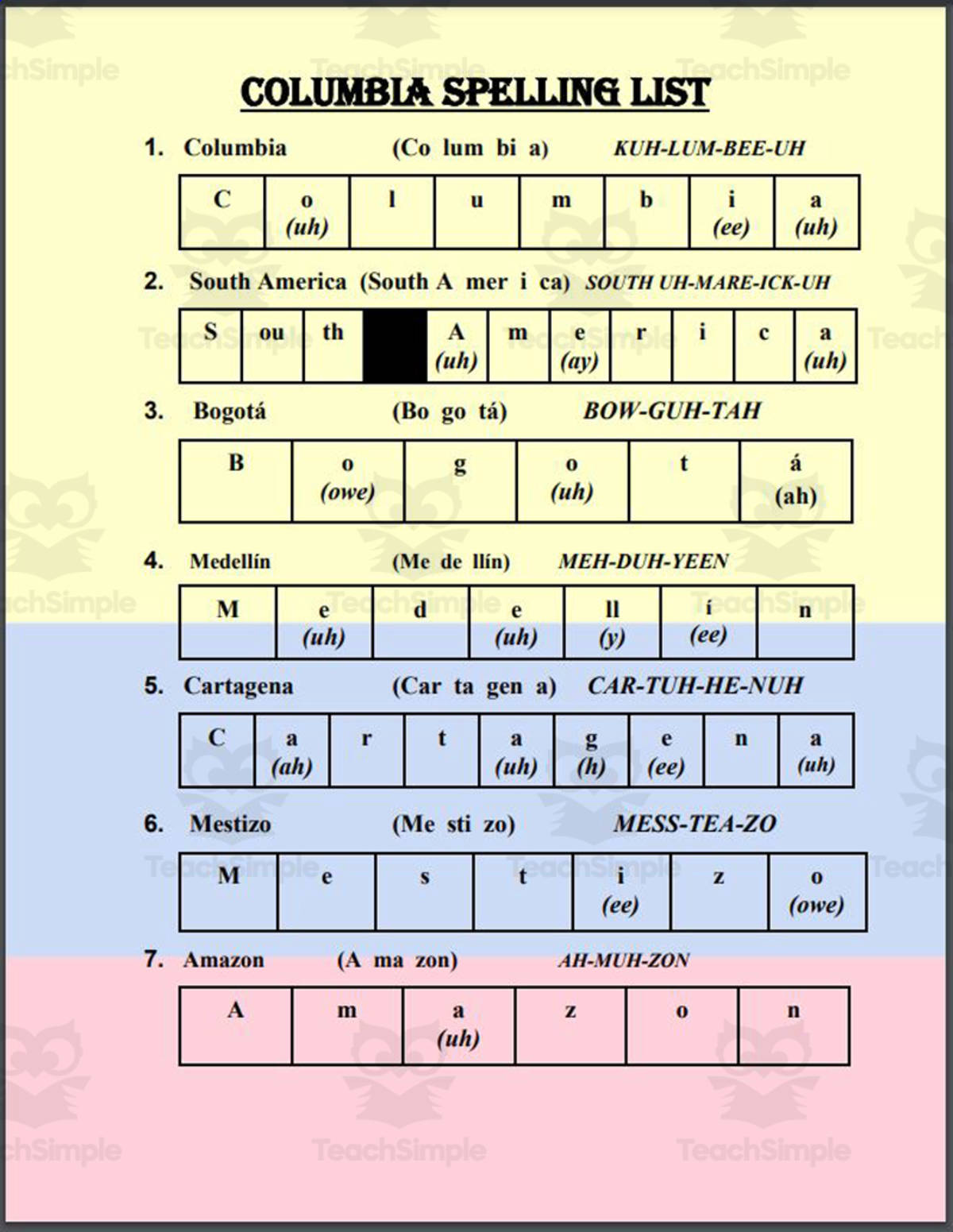 An educational teaching resource from Mr. Matthews Teacher Store entitled Columbia Spelling List downloadable at Teach Simple.