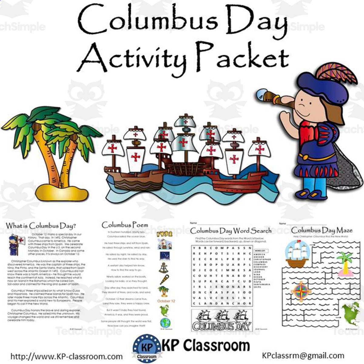 An educational teaching resource from KP Classroom entitled Columbus Day Reading Writing Drawing Activity Packet downloadable at Teach Simple.