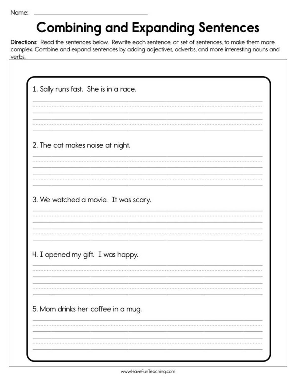 An educational teaching resource from Have Fun Teaching entitled Combining and Expanding Sentences – Writing Practice downloadable at Teach Simple.