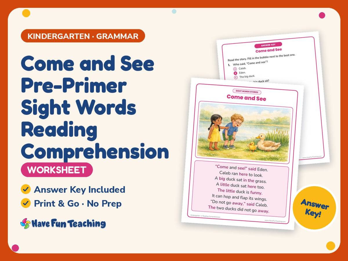 Come and See Pre-Primer Sight Words Reading Worksheet – Kindergarten preview