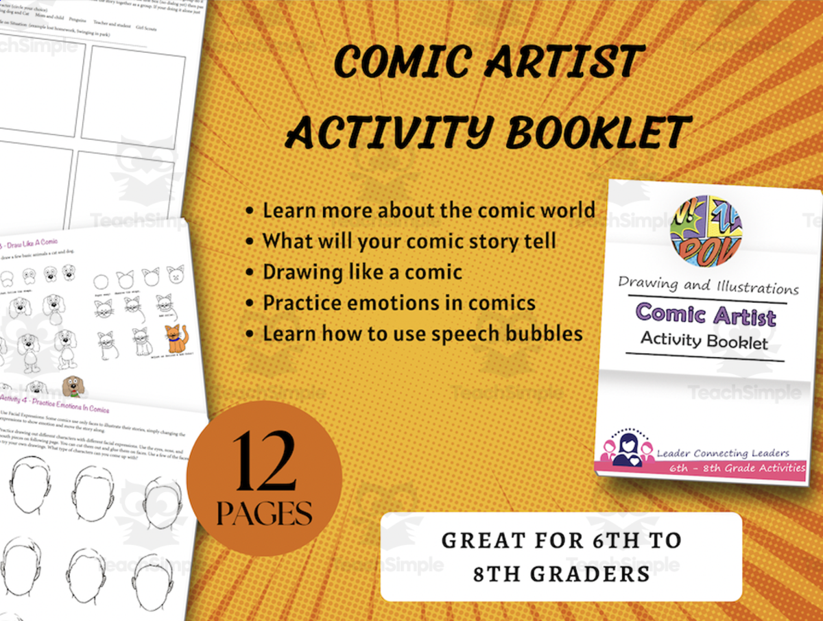 An educational teaching resource from Leader Connecting Leaders entitled Comic Artist, Create Your Own Comic; printable for kids, learn about comic book artist, educational comic ideas, Activity printable downloadable at Teach Simple.