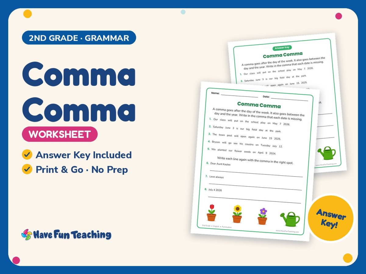 Comma Comma Worksheet – 2nd Grade Punctuation Practice + Answer Key preview