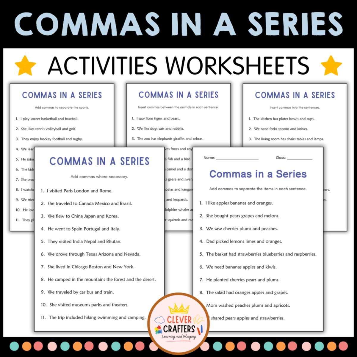 An educational teaching resource from Clever Crafters entitled Commas in a Series Grammar Practice Worksheets for Grade 1, 2, 3 downloadable at Teach Simple.