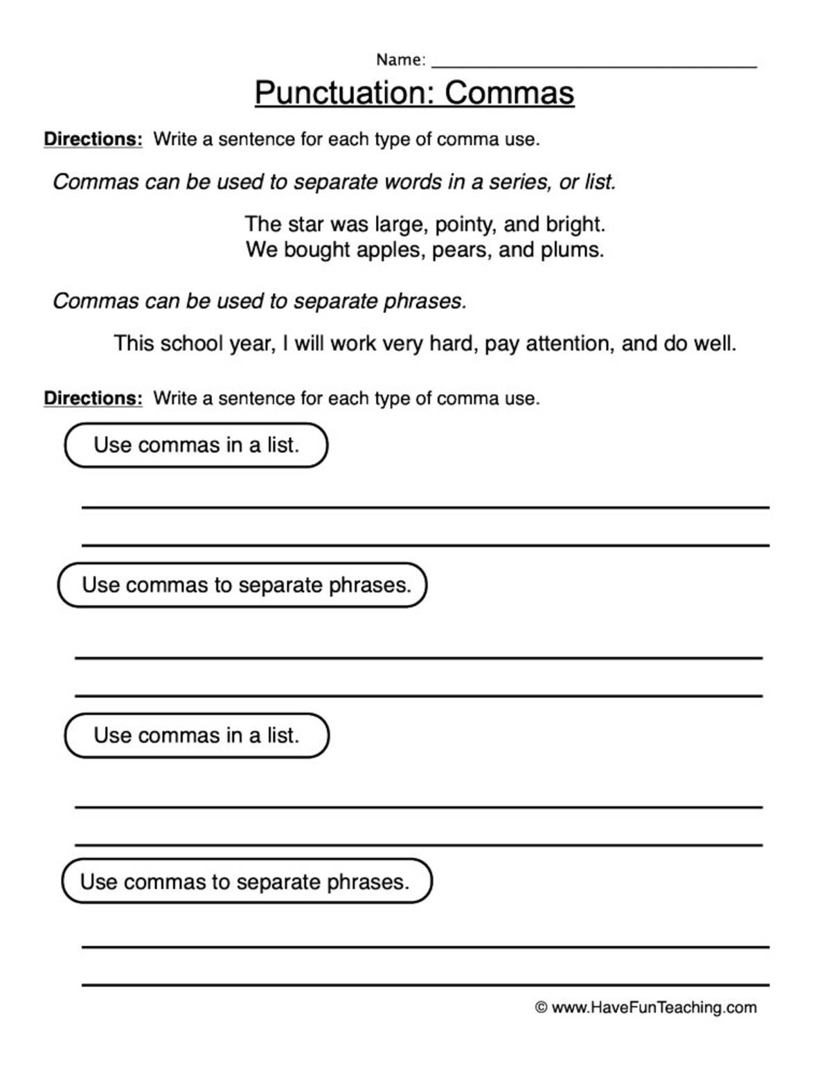 An educational teaching resource from Have Fun Teaching entitled Commas Punctuation Worksheet downloadable at Teach Simple.