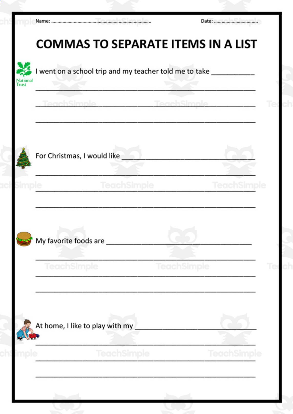 An educational teaching resource from Elementary Resources 4 U entitled Commas Worksheet 2 downloadable at Teach Simple.