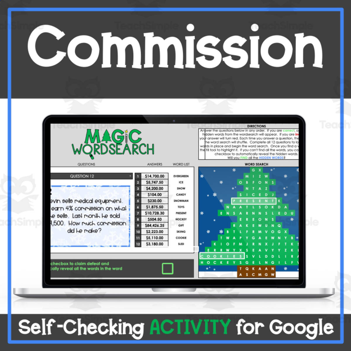 An educational teaching resource from Digitally Yours Shop entitled Commission Christmas - Holiday Digital Self-Checking Activity downloadable at Teach Simple.