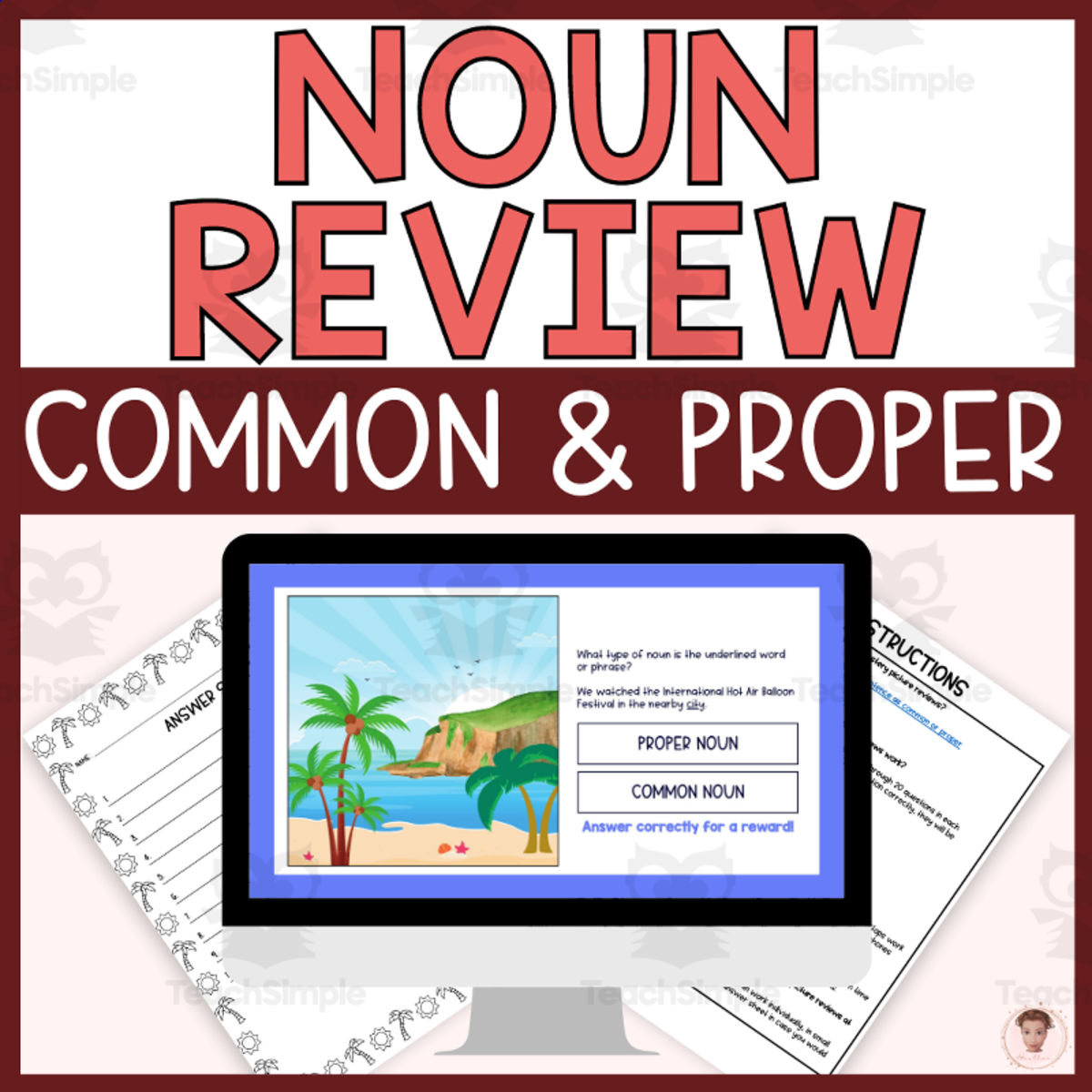 An educational teaching resource from Heather Huhman entitled Common and Proper Nouns Review | Digital Pixel Art Mystery Pictures and Games downloadable at Teach Simple.