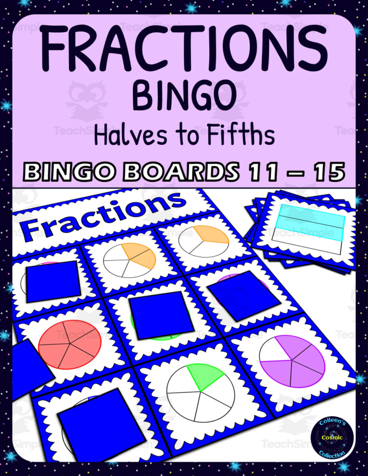 An educational teaching resource from Colleen's Cosmic Collection entitled Common Fractions 1/2 - 1/5s Activity - Bingo Game - Fraction Circles - Boards 11-15 downloadable at Teach Simple.