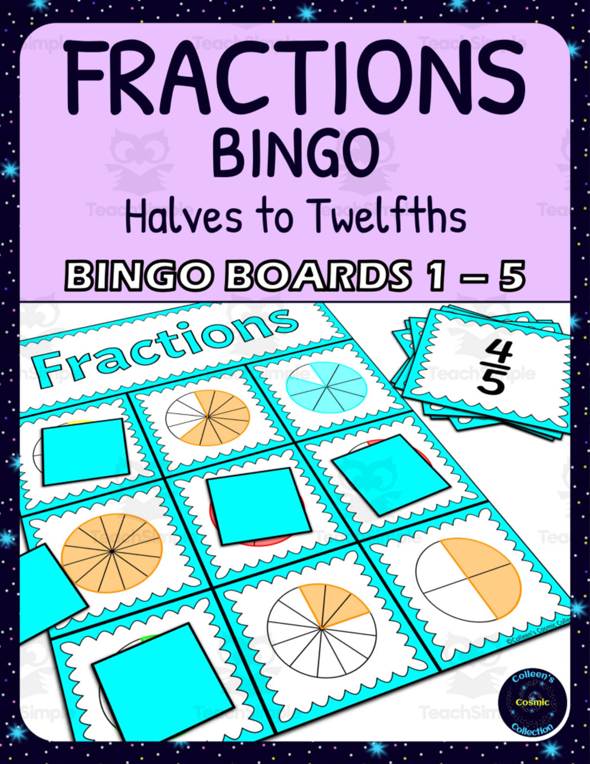 An educational teaching resource from Colleen's Cosmic Collection entitled Common Fractions 1/2s - 1/12s Activity - Bingo Game - Fraction Circles - Boards 1-5 downloadable at Teach Simple.
