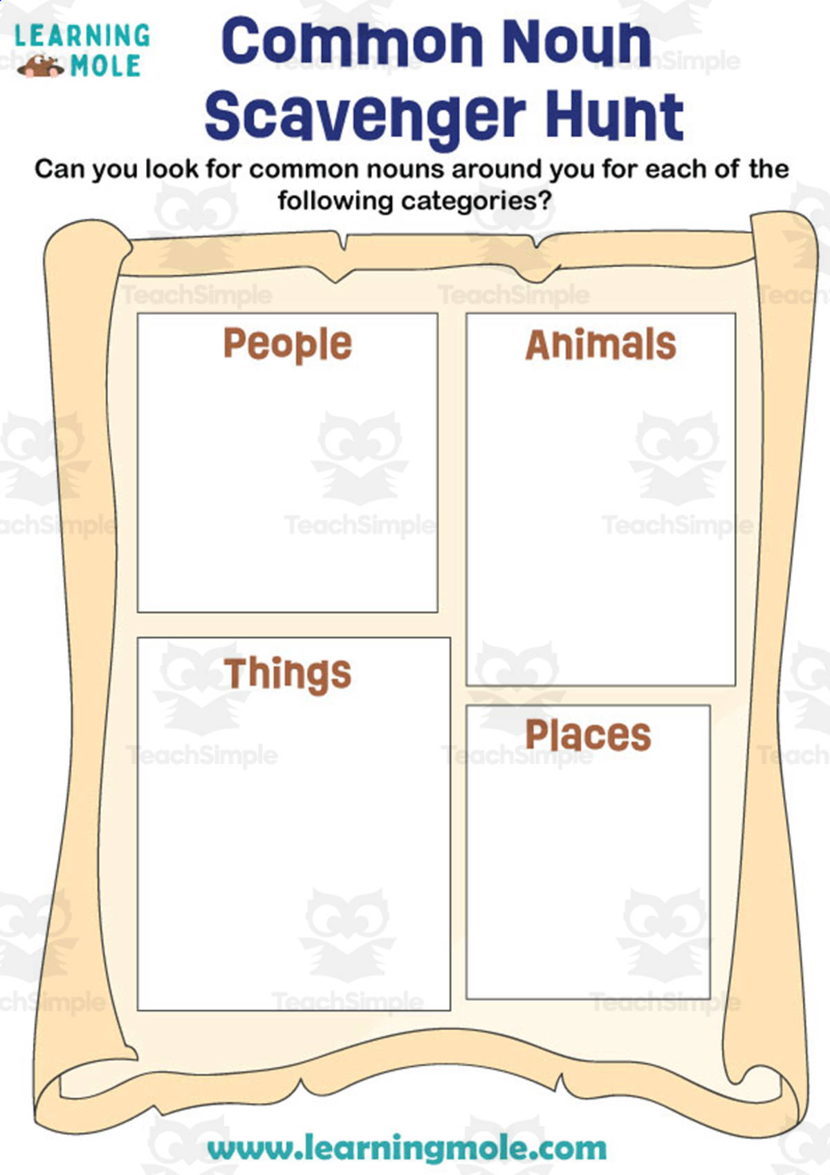 An educational teaching resource from Educational Voice entitled Common Noun Scavenger Hunt Activity downloadable at Teach Simple.