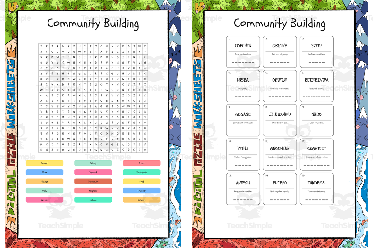 An educational teaching resource from Lapiiin Art Activities entitled Community Building word search, scramble and crossword puzzle downloadable at Teach Simple.