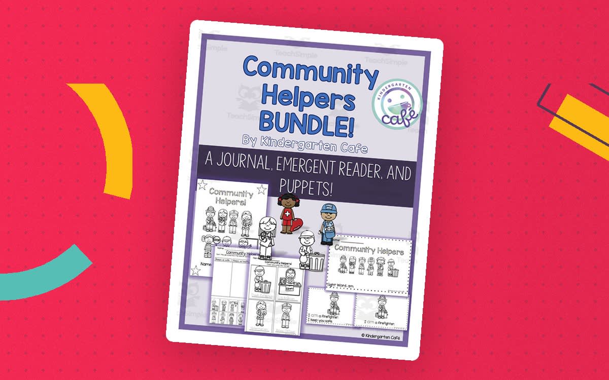 An educational teaching resource from Kindergarten Cafe entitled Community Helpers Bundle | Journal, Emergent Reader & Puppets downloadable at Teach Simple.