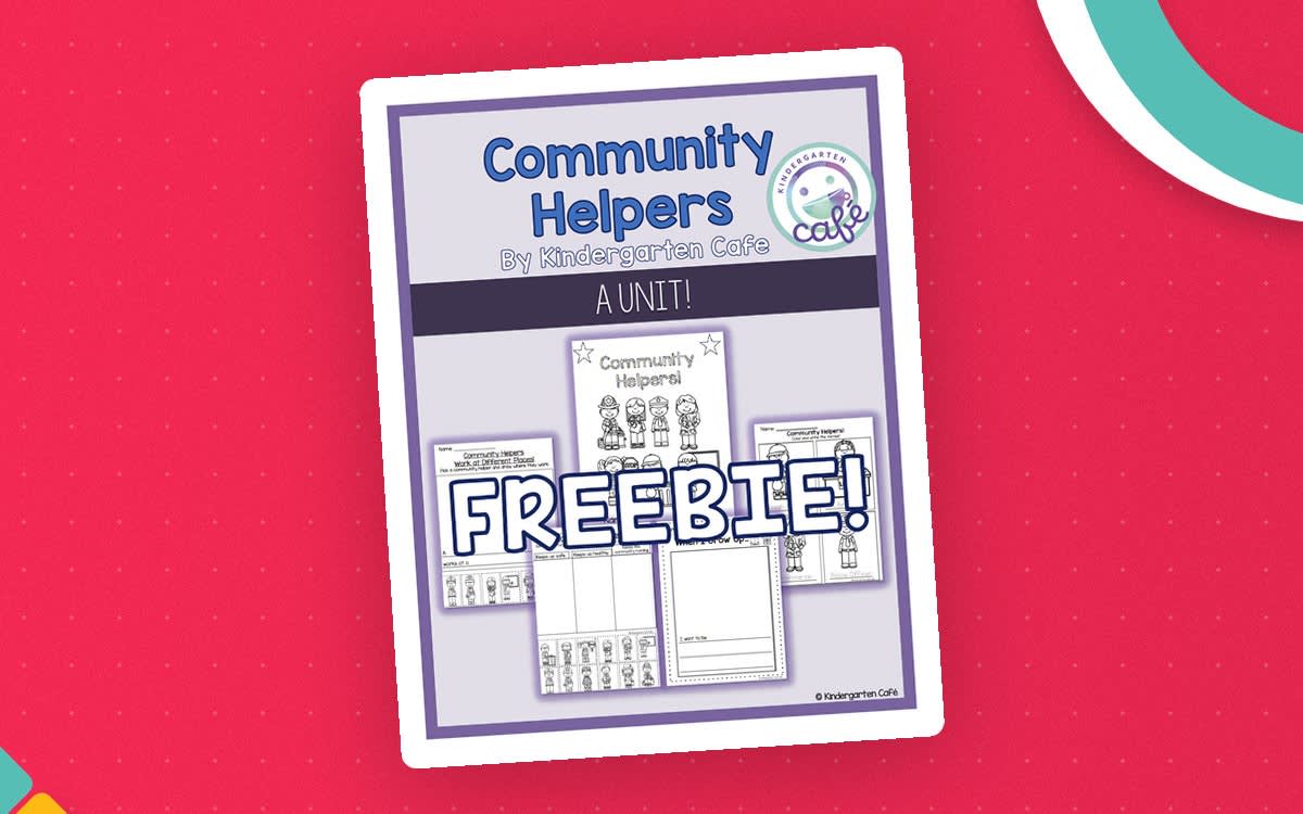 An educational teaching resource from Kindergarten Cafe entitled Community Helpers Coloring Page downloadable at Teach Simple.