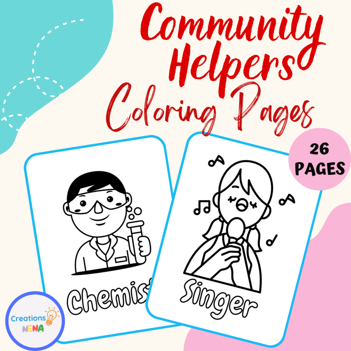 An educational teaching resource from Nena Creations entitled Community Helpers Coloring Pages downloadable at Teach Simple.