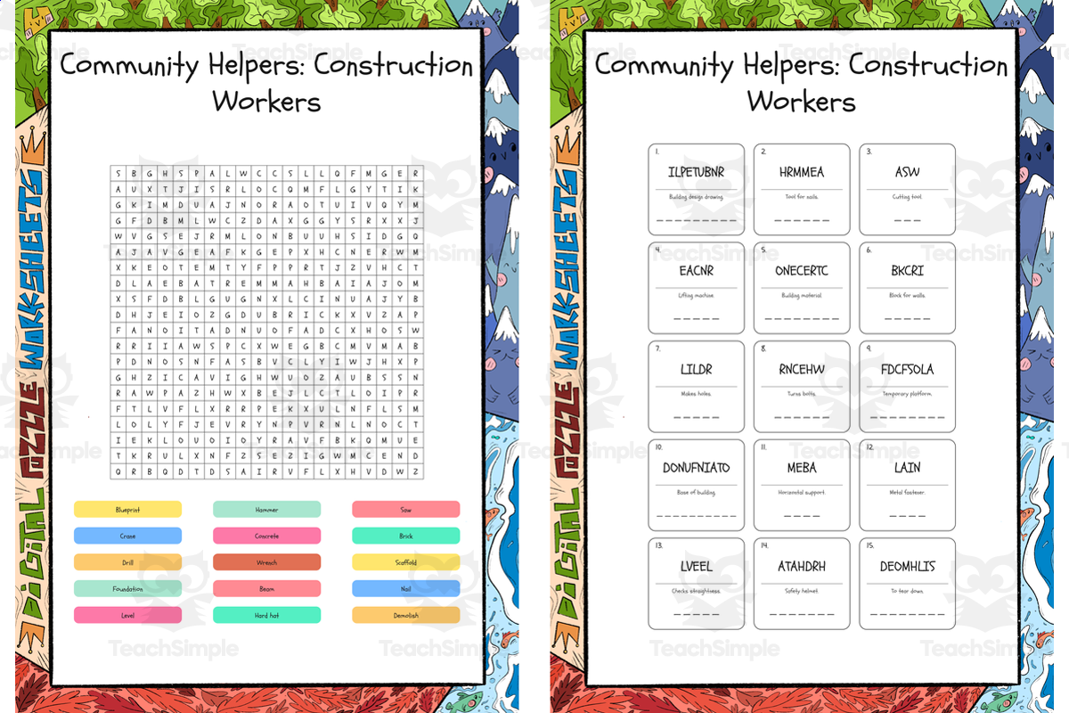 An educational teaching resource from Lapiiin Art Activities entitled Community Helpers Construction Workers word search, scramble and cross downloadable at Teach Simple.