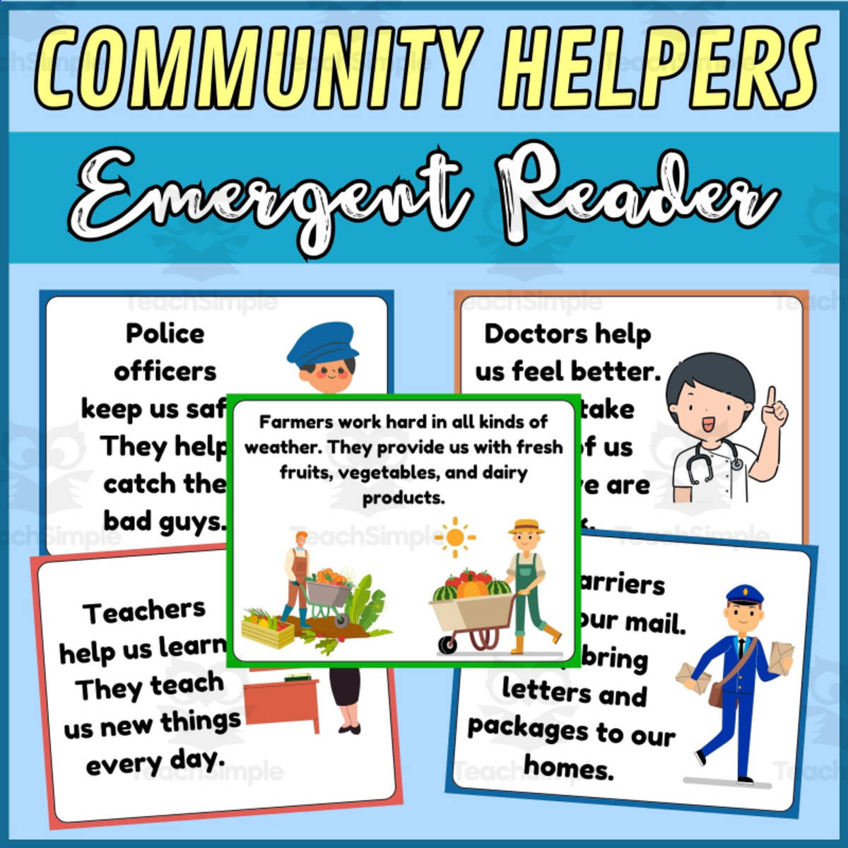 An educational teaching resource from Wonderland School entitled Community Helpers Emergent Reader Book: Farmer, Police Officer & More! downloadable at Teach Simple.