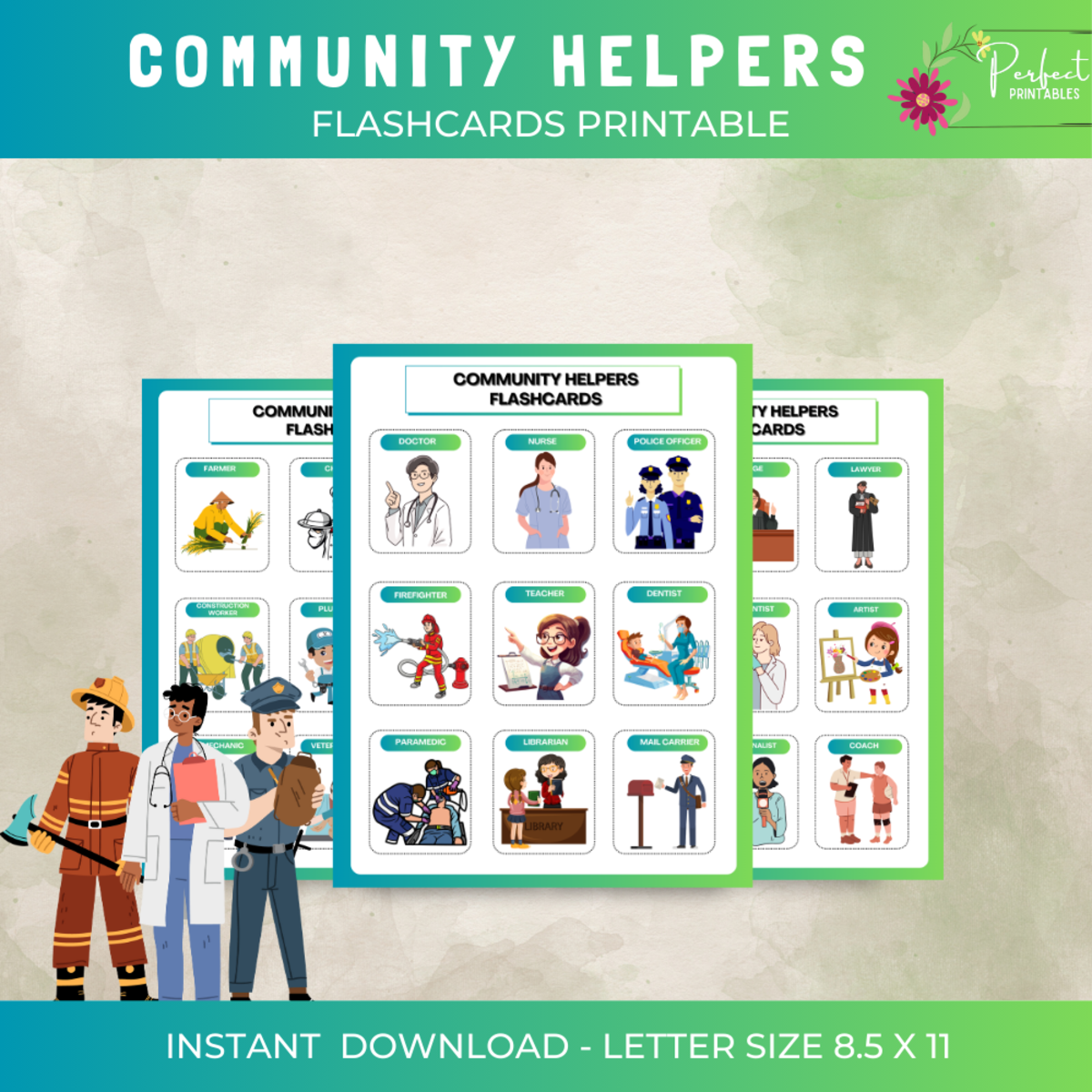 An educational teaching resource from Perfect_Printables entitled Community Helpers Flashcards ESL Job Profession Montessori Cards downloadable at Teach Simple.
