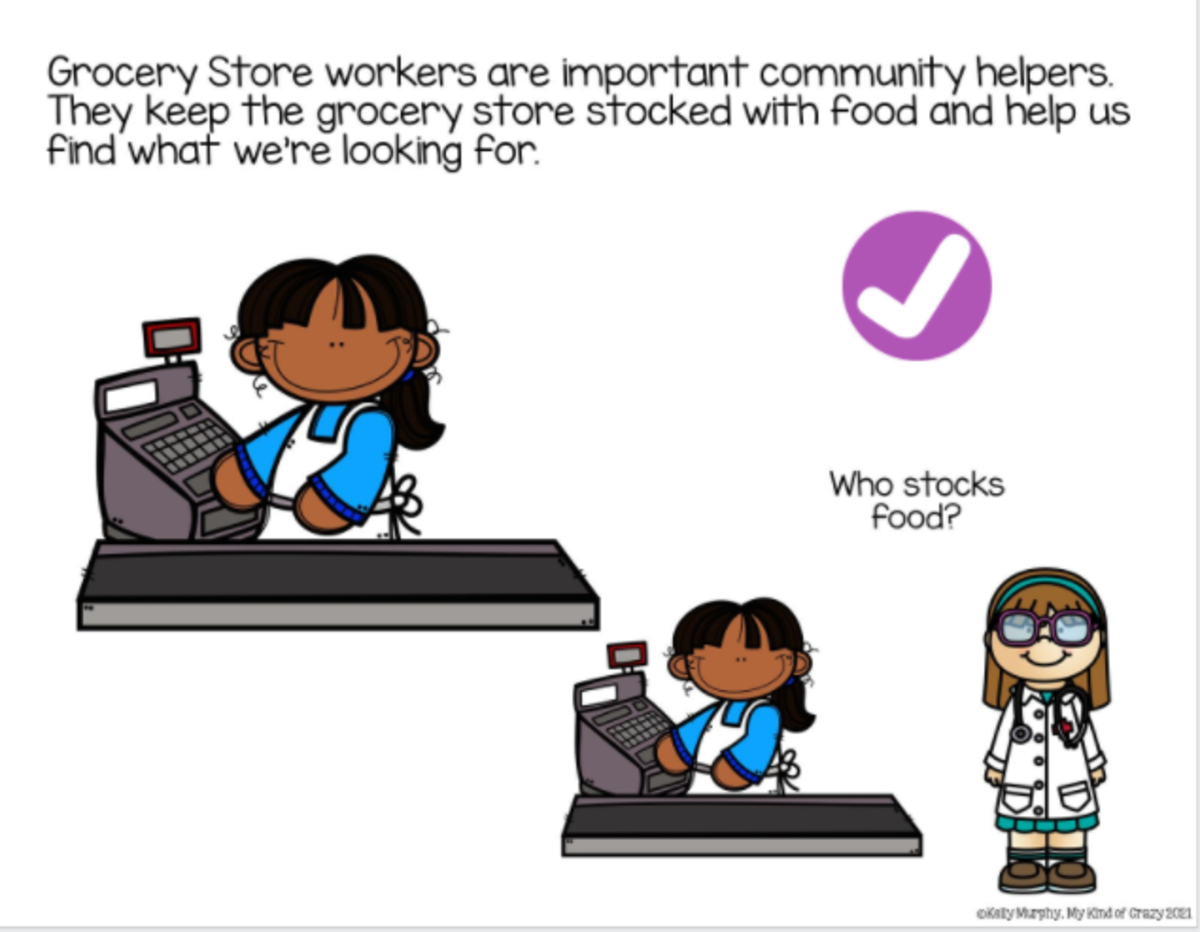 An educational teaching resource from My Kind of Crazy entitled Community Helpers: Grocery Store Workers / Adapted Book - Google Slides downloadable at Teach Simple.