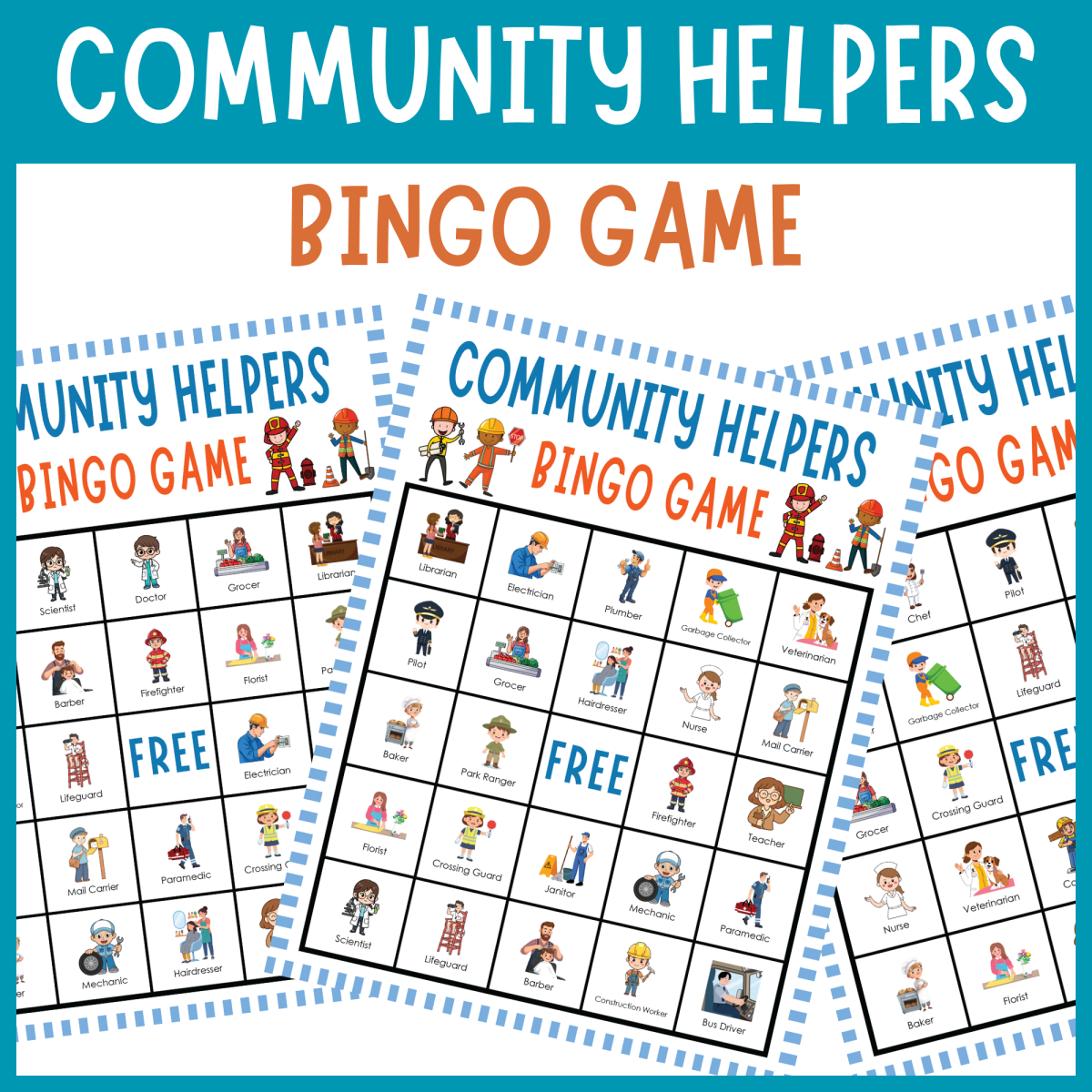 An educational teaching resource from The Clever Llama entitled Community helpers occupation bingo game social studies career activity downloadable at Teach Simple.