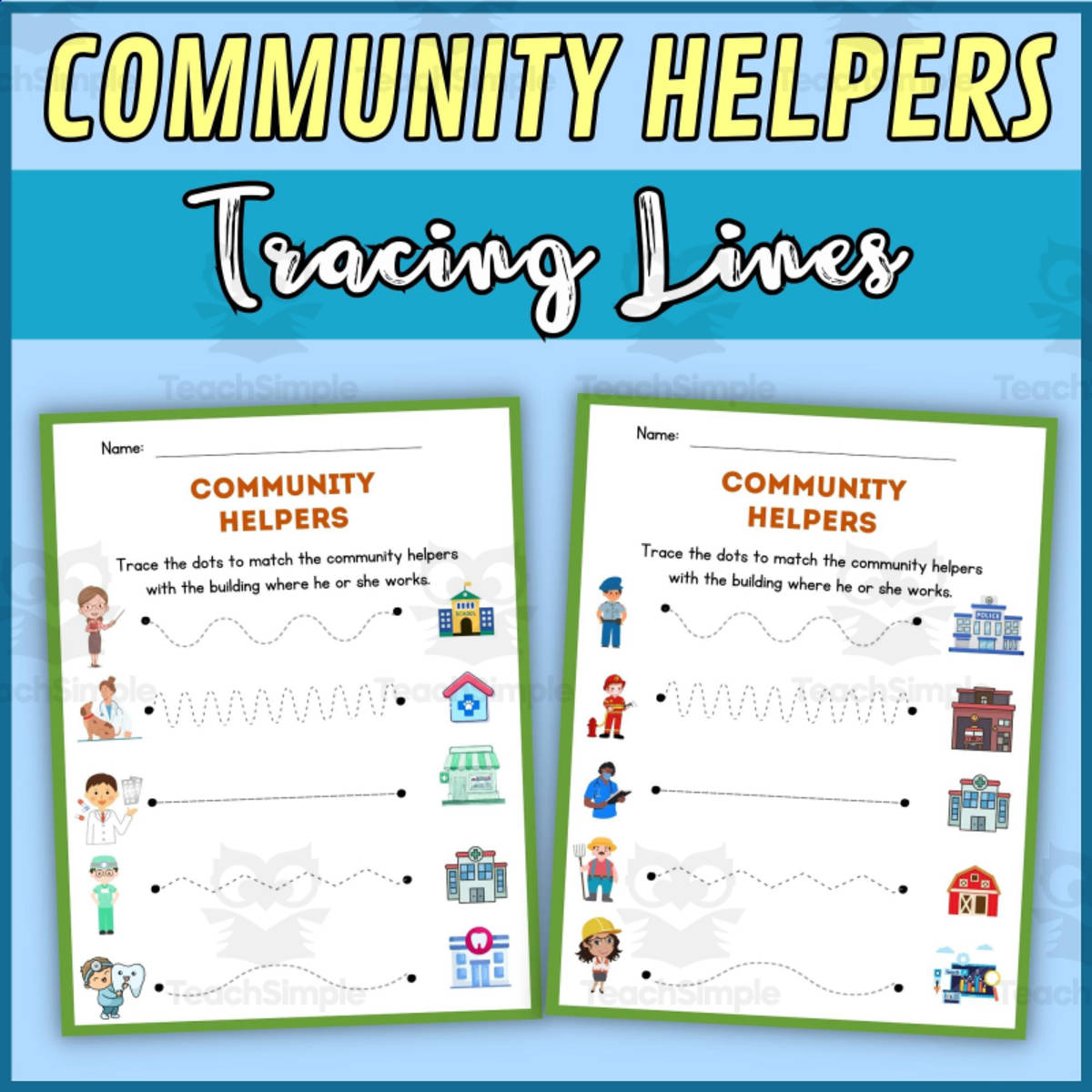 An educational teaching resource from Wonderland School entitled Community Helpers Tracing Lines Practice Fine Motor Skills Preschool downloadable at Teach Simple.