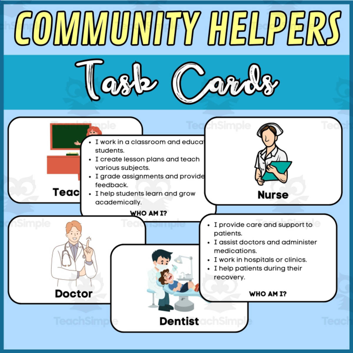 An educational teaching resource from Wonderland School entitled Community Helpers "Who Am I?" Task Cards - Matching Task Cards Game downloadable at Teach Simple.