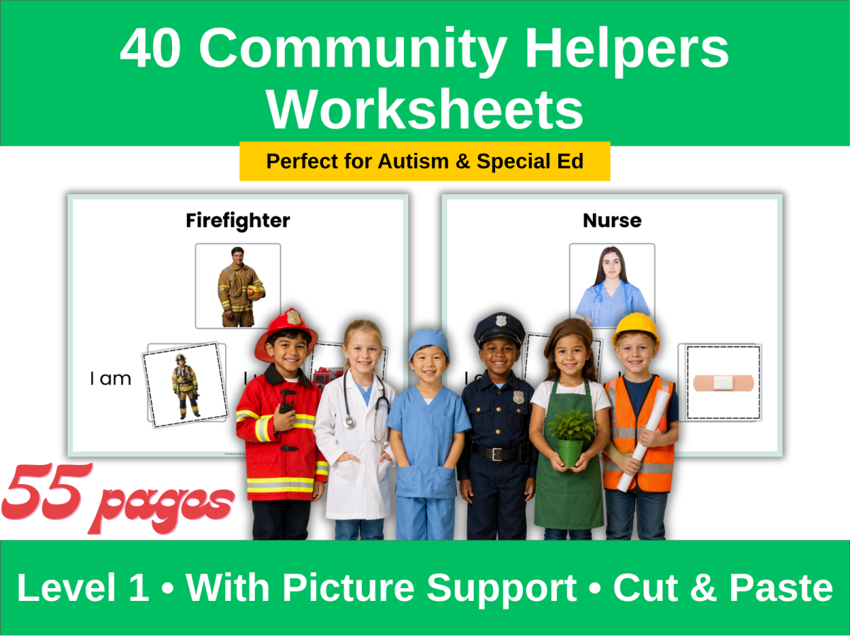 An educational teaching resource from printable_by_nabil entitled Community Helpers Worksheets Level 1 | Cut & Paste Special Education downloadable at Teach Simple.