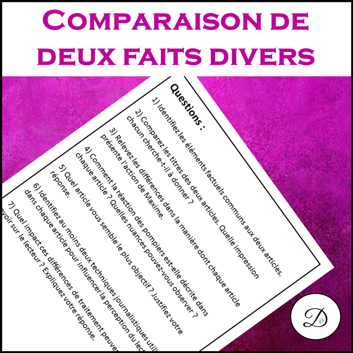An educational teaching resource from French with Paul David entitled Comparaison de deux faits divers downloadable at Teach Simple.