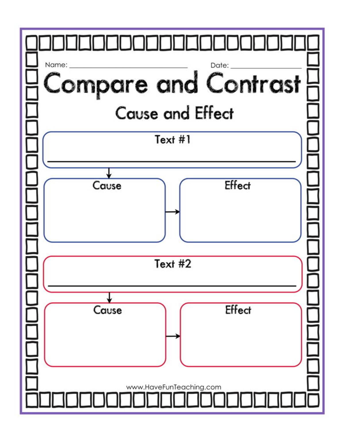 An educational teaching resource from Have Fun Teaching entitled Compare & Contrast – Cause & Effect Organizer downloadable at Teach Simple.