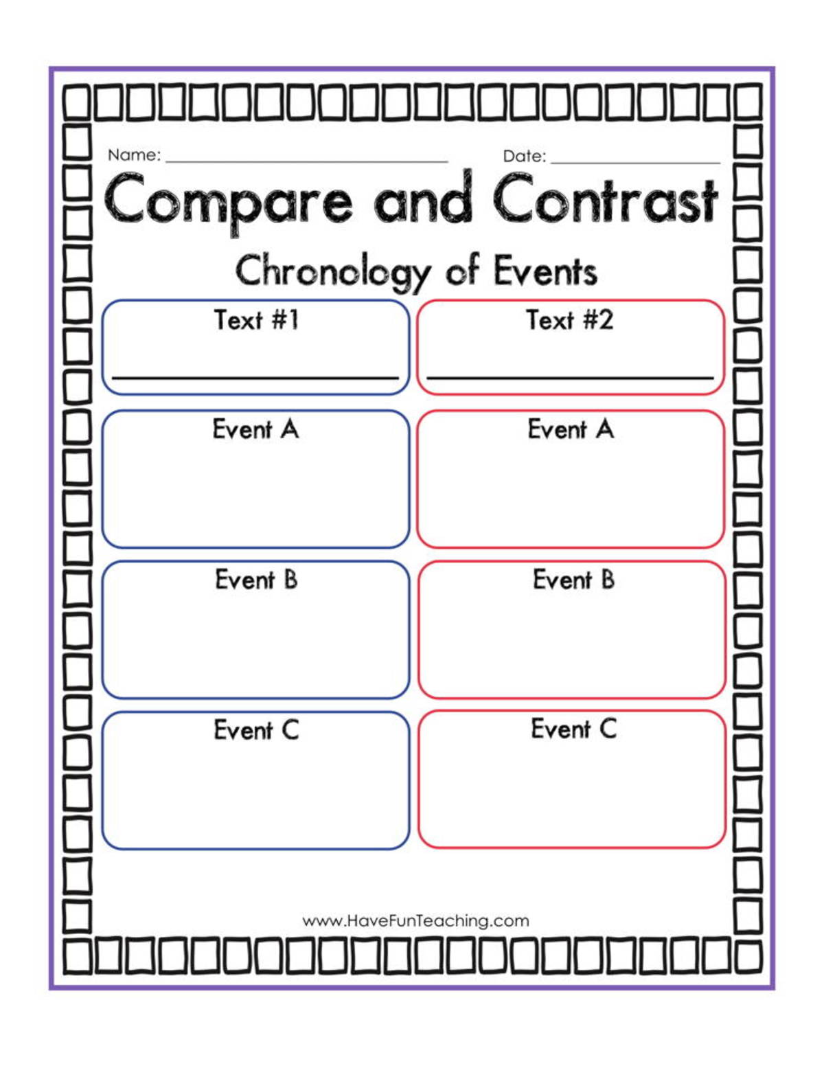 An educational teaching resource from Have Fun Teaching entitled Compare and Contrast Chronology of Events Graphic Organizer Worksheet downloadable at Teach Simple.