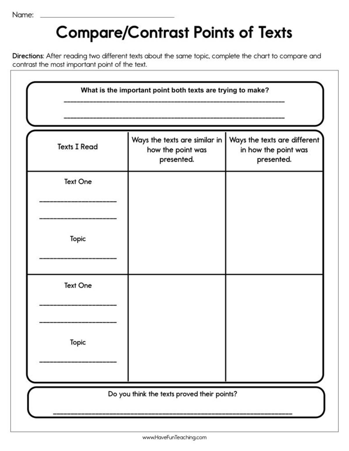 An educational teaching resource from Have Fun Teaching entitled Compare and Contrast Points of a Text Worksheet downloadable at Teach Simple.