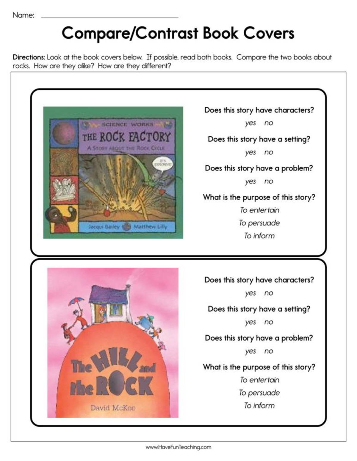 An educational teaching resource from Have Fun Teaching entitled Compare Contrast Book Covers Worksheet downloadable at Teach Simple.