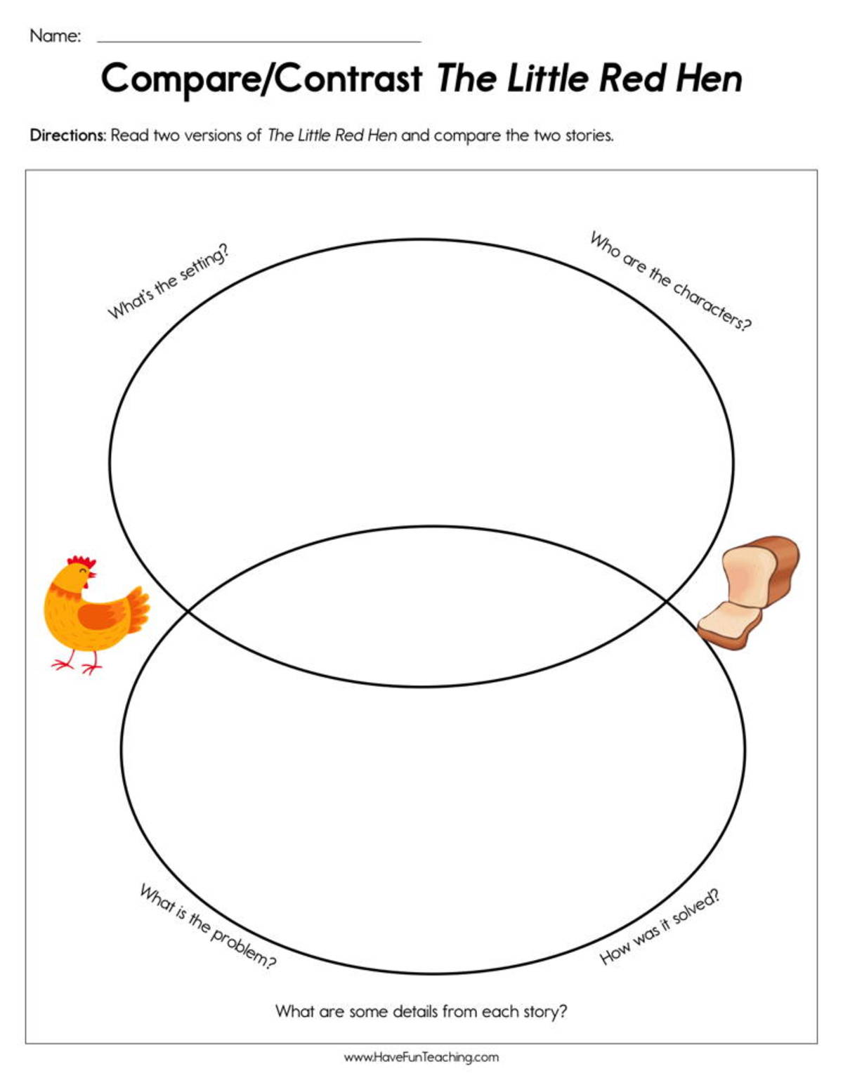 An educational teaching resource from Have Fun Teaching entitled Compare Contrast Little Red Hen Worksheet downloadable at Teach Simple.