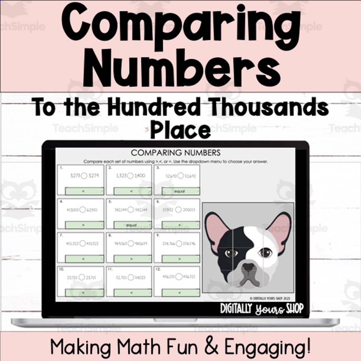 An educational teaching resource from Digitally Yours Shop entitled Compare Numbers - Self-Checking Activity downloadable at Teach Simple.