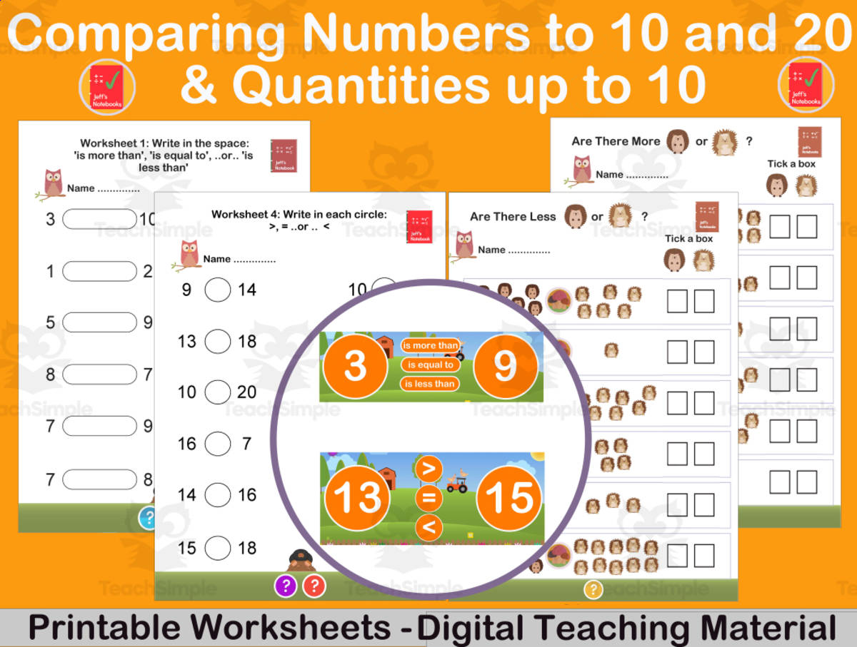 An educational teaching resource from Jeff's Notebooks entitled Compare Numbers up to 10 & 20 and Quantities to 10 Kindergarten downloadable at Teach Simple.