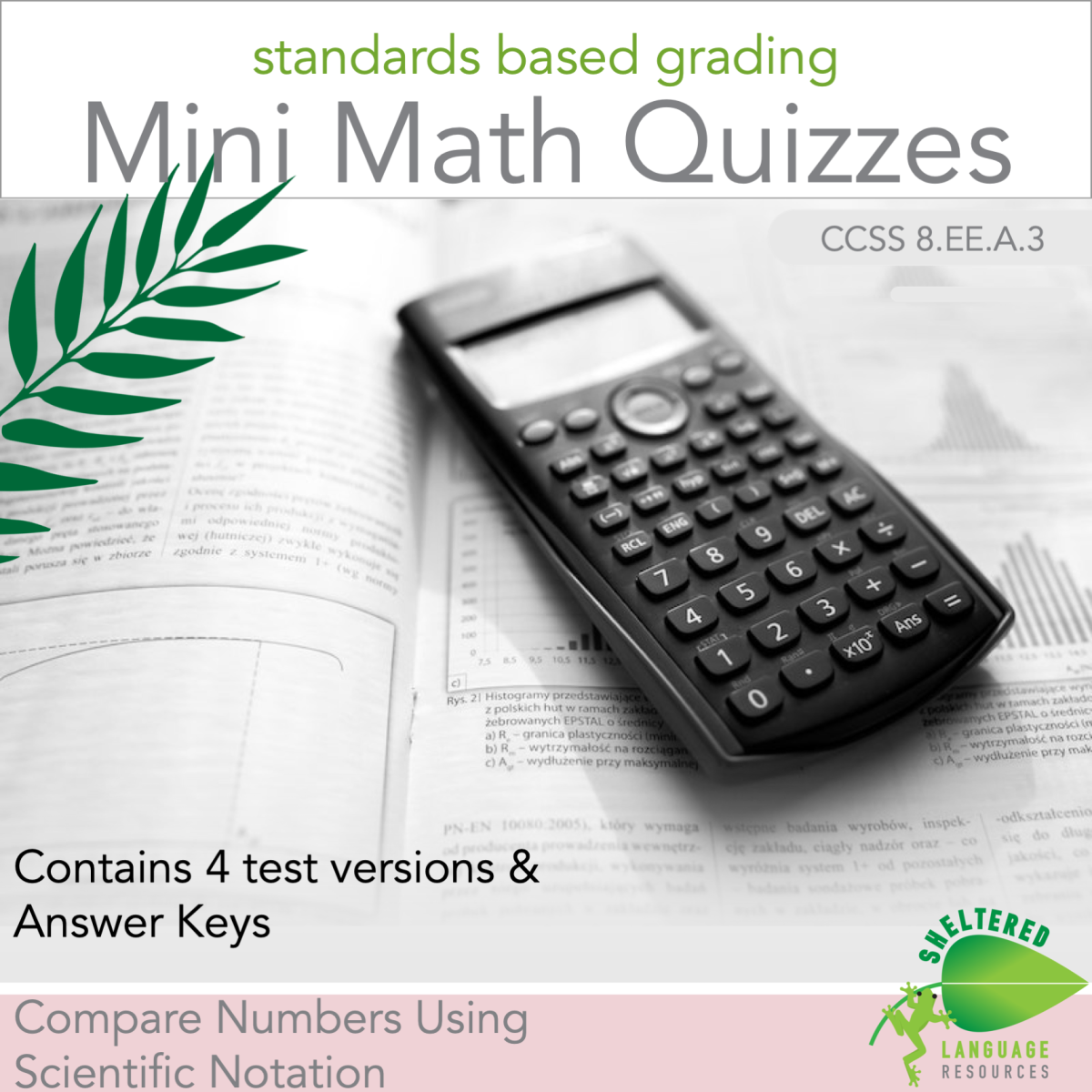 An educational teaching resource from Sheltered Language Resources entitled Compare Numbers Using Scientific Notation Quiz - Multiple Versions downloadable at Teach Simple.